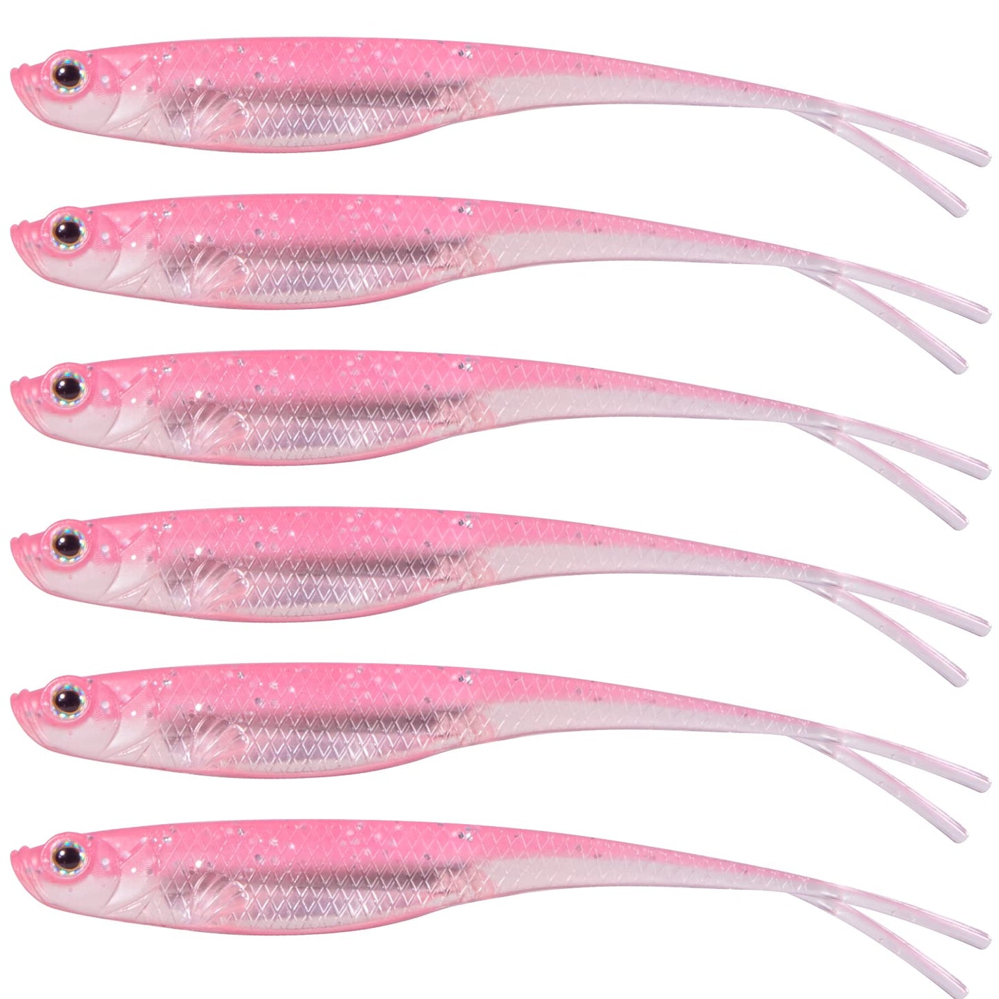 Dr.Fish Soft Plastic Jerkbait Lures – 4” Fork Tail Swimbaits, Drop Shot & Texas Rig Baits for Bass, Trout, Walleye & Pike (6 Pack, Pink)