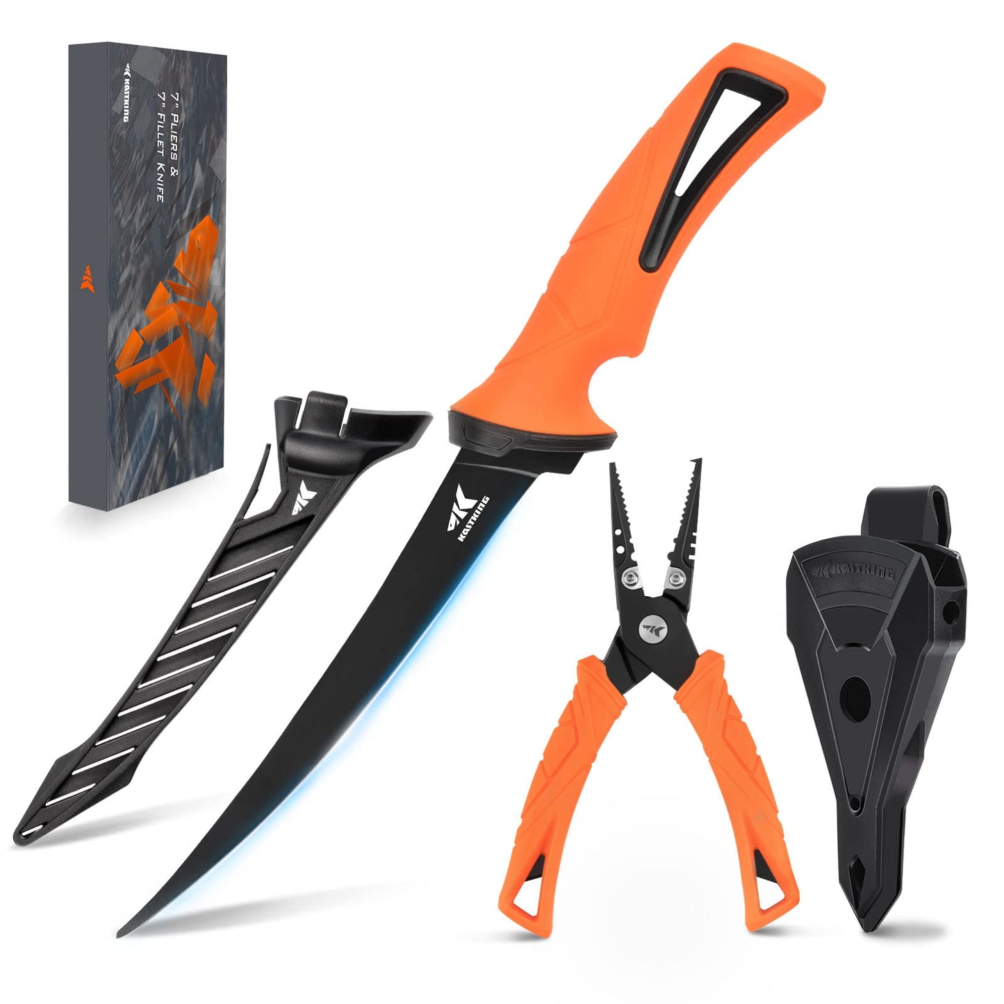 KastKing 7” Fishing Pliers & Fillet Knife Combo Set – 420 Stainless Steel Split Ring Pliers with G4116 Fillet Knife, Corrosion-Resistant Fishing Tool Kit with Sheath (Orange)