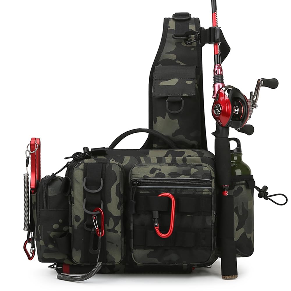 VAPK Fishing Sling Bag Crossbody Bag Fishing Tackle Backpack Box with Rod & Gear Holder Lightweight Tackle Storage Bags Outdoor Fishing Shoulder Pack for Fishing Hiking Hunting,ICE Fishing