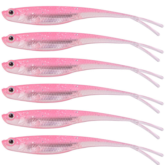Dr.Fish Soft Plastic Jerkbait Lures – 4” Fork Tail Swimbaits, Drop Shot & Texas Rig Baits for Bass, Trout, Walleye & Pike (6 Pack, Pink)