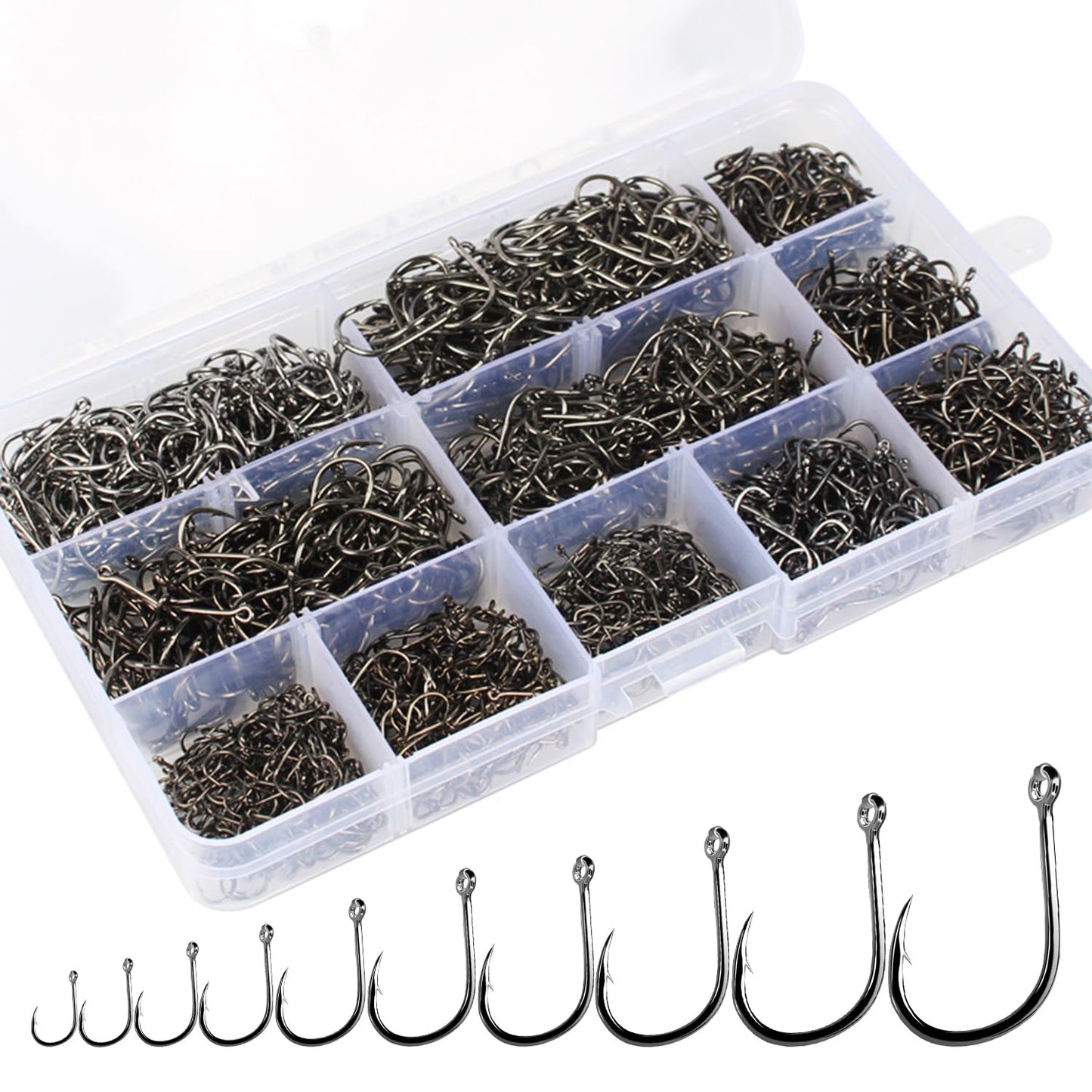 1500PCS Premium Fishing Hooks Set – 10 Sizes Carbon Steel Barbed Hooks with Portable Storage Box for Freshwater & Saltwater Fishing