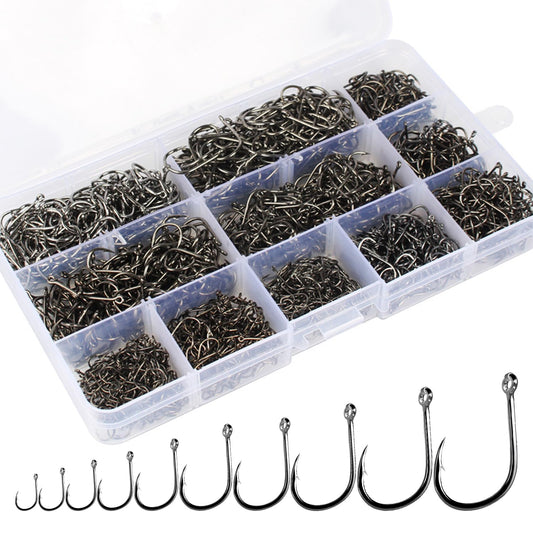 1500PCS Premium Fishing Hooks Set – 10 Sizes Carbon Steel Barbed Hooks with Portable Storage Box for Freshwater & Saltwater Fishing