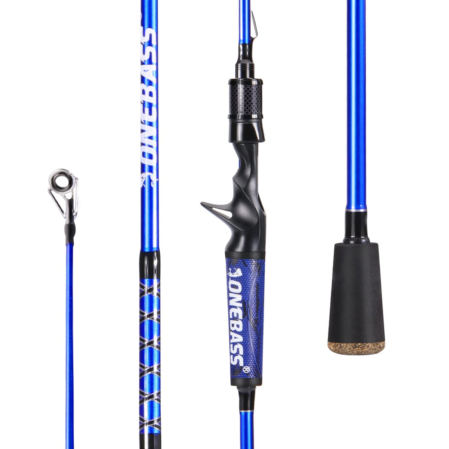 One Bass 6’6” Fishing Rod – IM7 Graphite Spinning/Casting Rod, 2-Piece Lightweight Baitcasting Rod with Polymer Handle (Blue)